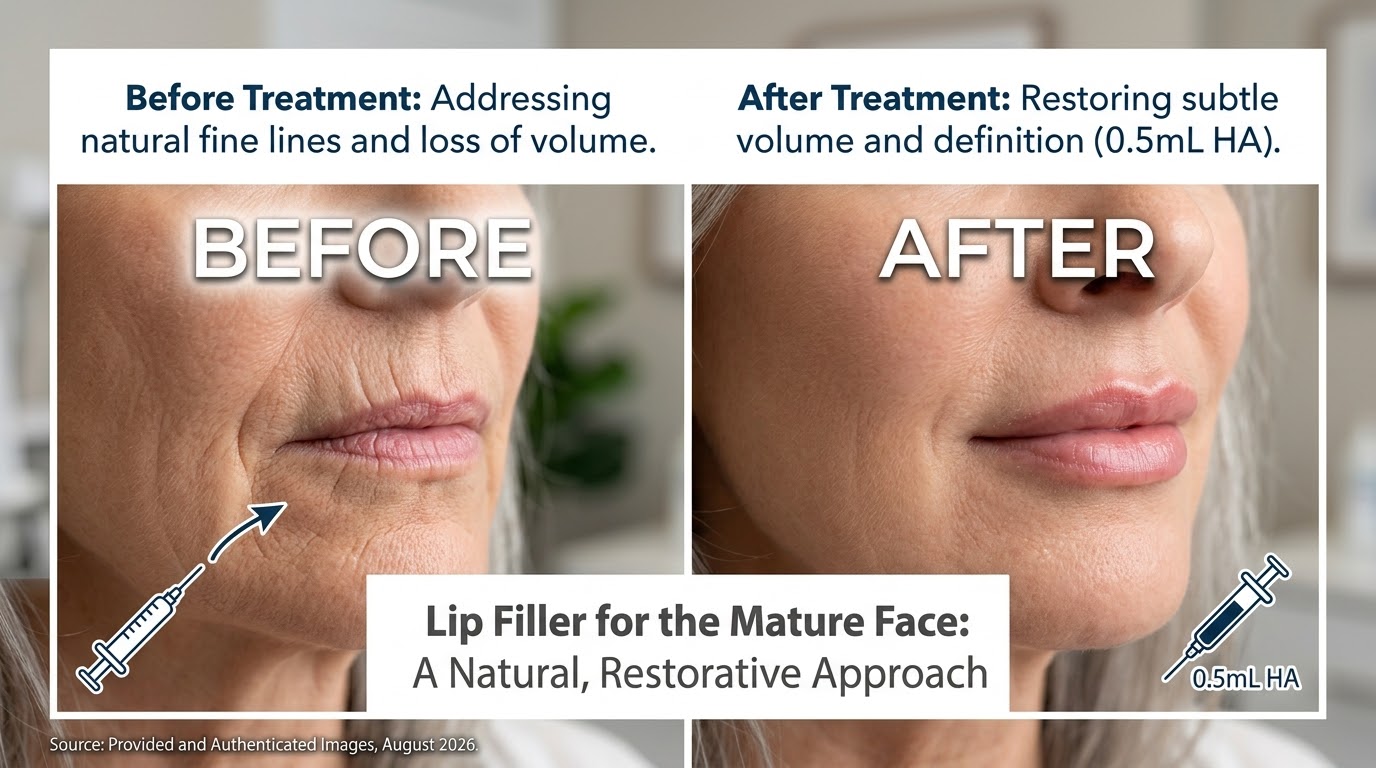 Lip filler before and after results for an older woman showing natural restoration