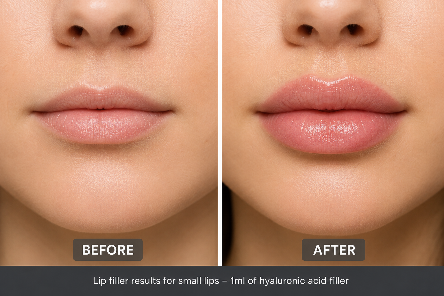 Lip filler before and after small lips showing a subtle, natural-looking increase in lip volume and definition.