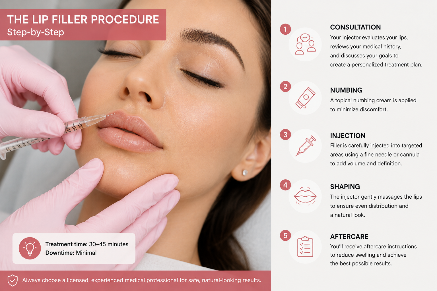 Lip filler procedure showing how a qualified medical professional carefully injects filler to enhance lip volume and shape.